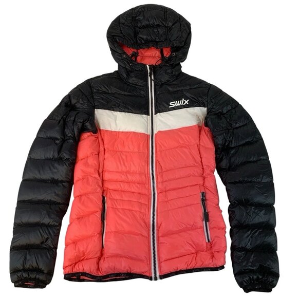 Swix Down Feather Hooded Puffer Jacket Size XS Quilted Full Zip Colorblock - Picture 1 of 13